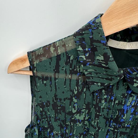 JASON WU 100% Silk Collared Green Print Button Up Sleeveless Blouse Top // 6 - Picture 5 of 11